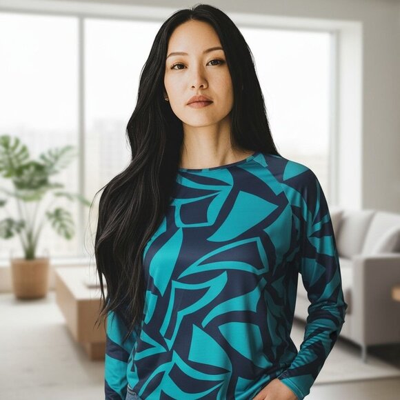 NAUTICA Navy Blue and Teal  Long Sleeve Abstract Pattern Top with Nautica Logo - Picture 1 of 12